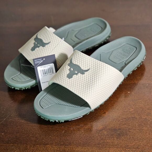 Under Armour UA Project Rock Slides 2.0 Military Green Grey Michelin Gripper 9.5 - Picture 14 of 16